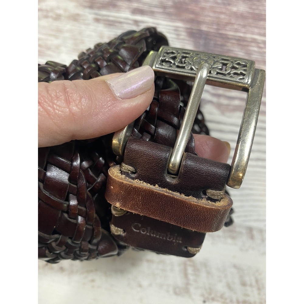 Columbia Mens Woven Leather Belt Brown Braided Gold Tone Buckle 44 Inch